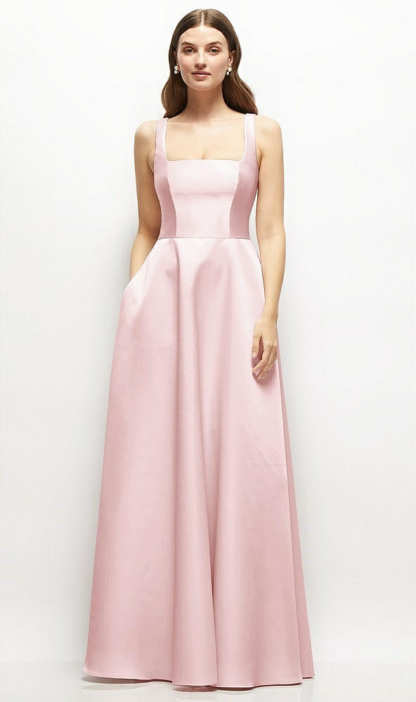 Front View - Ballet Pink Square-Neck Satin Maxi Dress with Full Skirt