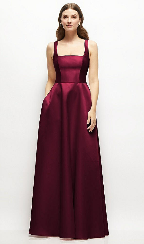 Front View - Cabernet Square-Neck Satin Maxi Dress with Full Skirt