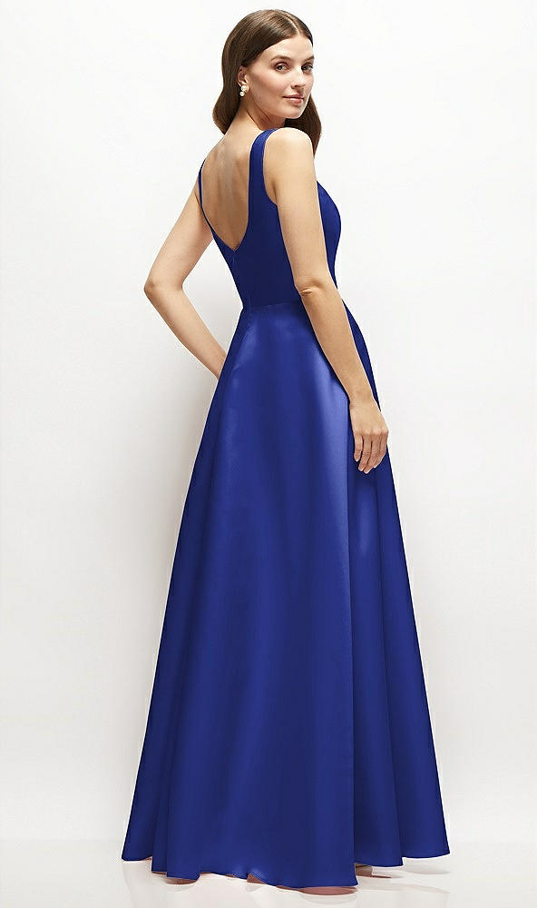 Back View - Cobalt Blue Square-Neck Satin Maxi Dress with Full Skirt