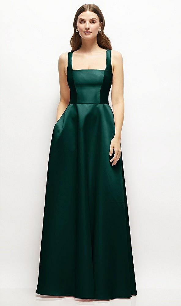 Front View - Evergreen Square-Neck Satin Maxi Dress with Full Skirt