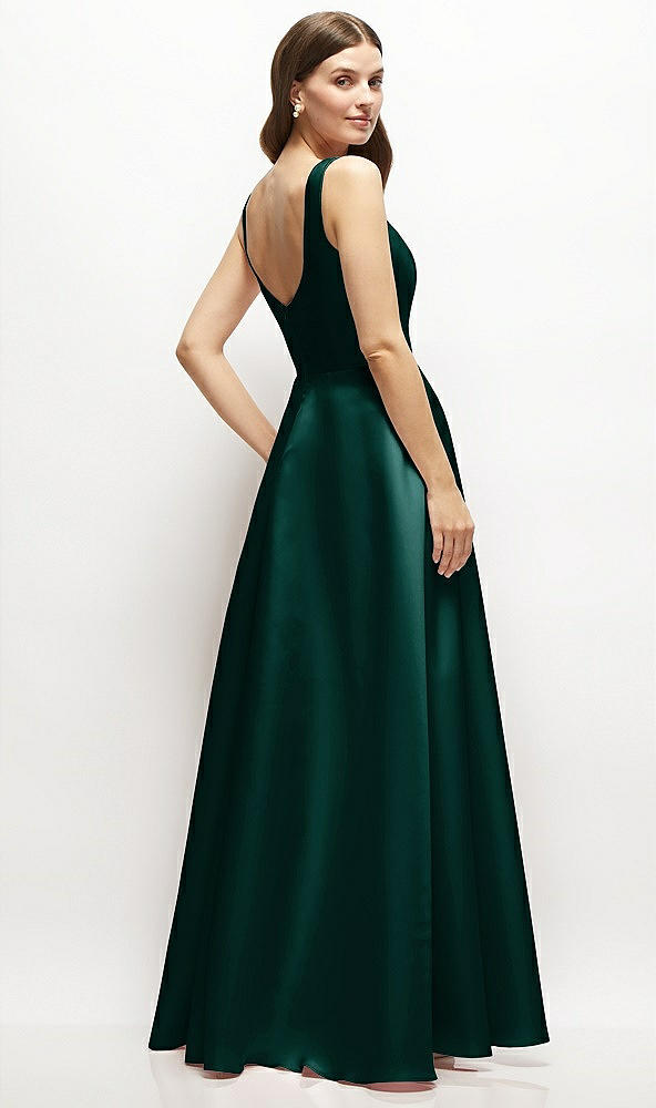 Back View - Evergreen Square-Neck Satin Maxi Dress with Full Skirt