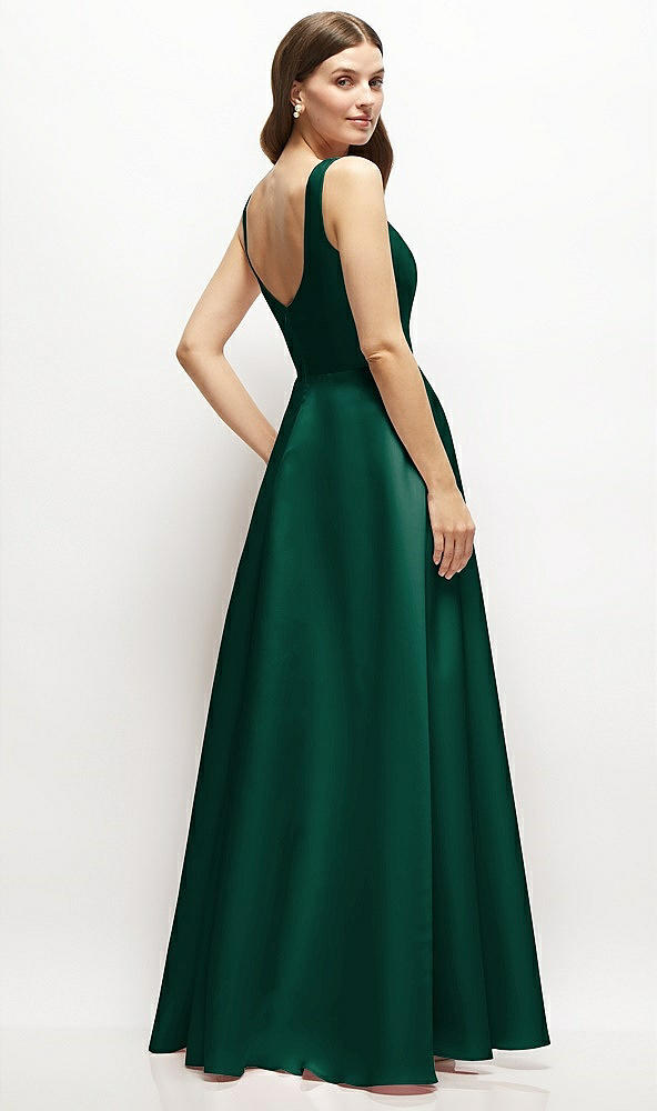 Back View - Hunter Green Square-Neck Satin Maxi Dress with Full Skirt