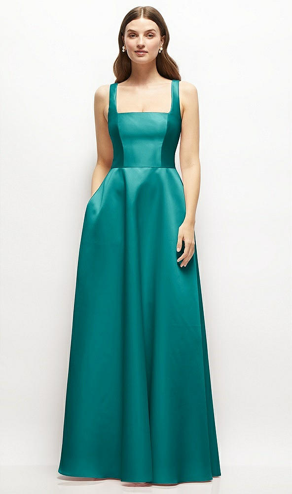 Front View - Jade Square-Neck Satin Maxi Dress with Full Skirt