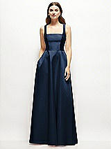 Front View Thumbnail - Midnight Navy Square-Neck Satin Maxi Dress with Full Skirt