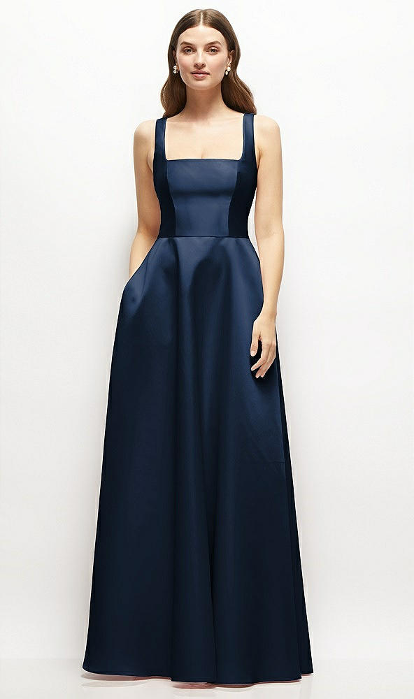 Front View - Midnight Navy Square-Neck Satin Maxi Dress with Full Skirt