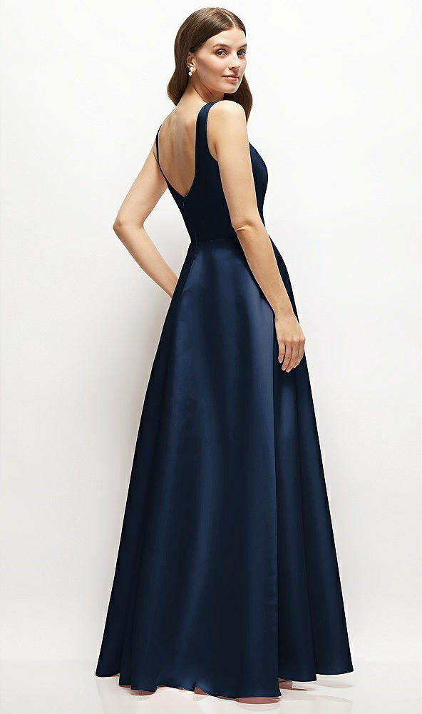 Back View - Midnight Navy Square-Neck Satin Maxi Dress with Full Skirt