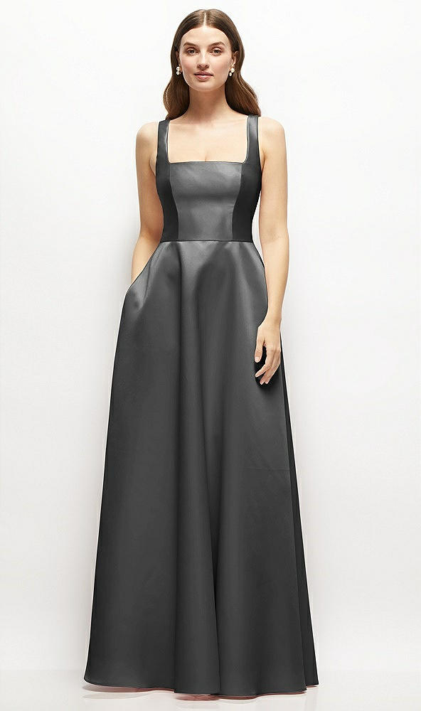Front View - Pewter Square-Neck Satin Maxi Dress with Full Skirt
