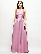 Front View Thumbnail - Powder Pink Square-Neck Satin Maxi Dress with Full Skirt