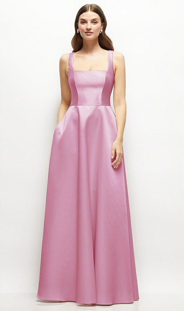 Front View - Powder Pink Square-Neck Satin Maxi Dress with Full Skirt