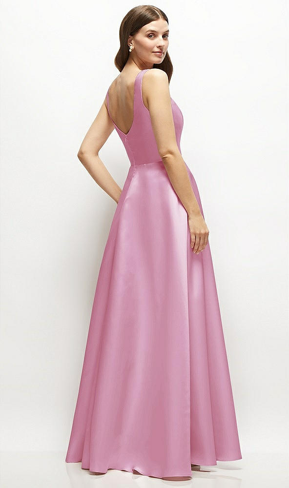 Back View - Powder Pink Square-Neck Satin Maxi Dress with Full Skirt