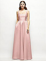 Front View Thumbnail - Rose - PANTONE Rose Quartz Square-Neck Satin Maxi Dress with Full Skirt