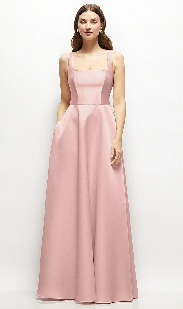 Front View - Rose - PANTONE Rose Quartz Square-Neck Satin Maxi Dress with Full Skirt