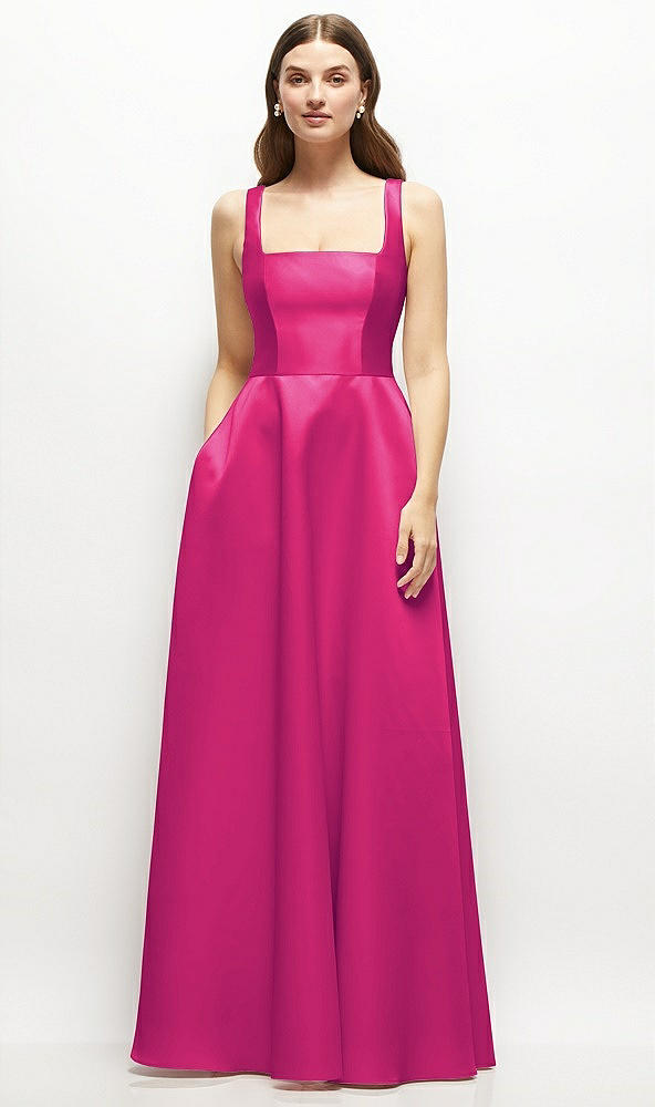 Front View - Think Pink Square-Neck Satin Maxi Dress with Full Skirt