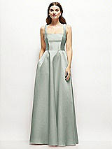 Front View Thumbnail - Willow Green Square-Neck Satin Maxi Dress with Full Skirt