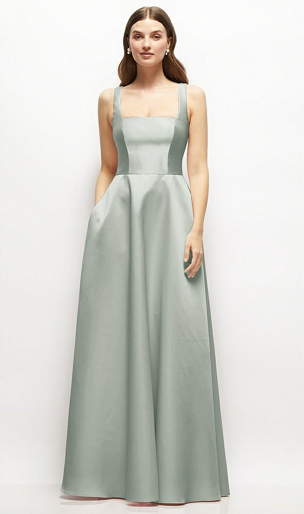 Front View - Willow Green Square-Neck Satin Maxi Dress with Full Skirt