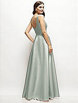 Rear View Thumbnail - Willow Green Square-Neck Satin Maxi Dress with Full Skirt