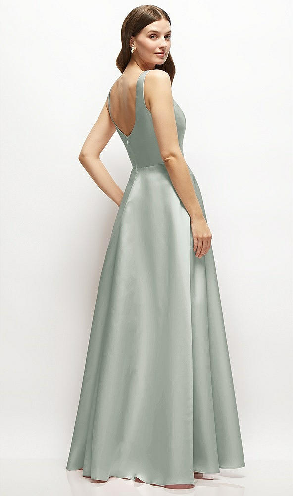 Back View - Willow Green Square-Neck Satin Maxi Dress with Full Skirt