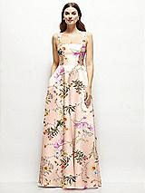 Front View Thumbnail - Butterfly Botanica Pink Sand Floral Square-Neck Satin Maxi Dress with Full Skirt