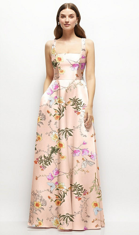 Front View - Butterfly Botanica Pink Sand Floral Square-Neck Satin Maxi Dress with Full Skirt