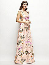 Side View Thumbnail - Butterfly Botanica Pink Sand Floral Square-Neck Satin Maxi Dress with Full Skirt