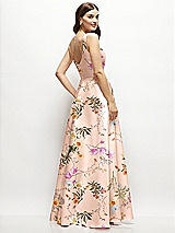 Rear View Thumbnail - Butterfly Botanica Pink Sand Floral Square-Neck Satin Maxi Dress with Full Skirt