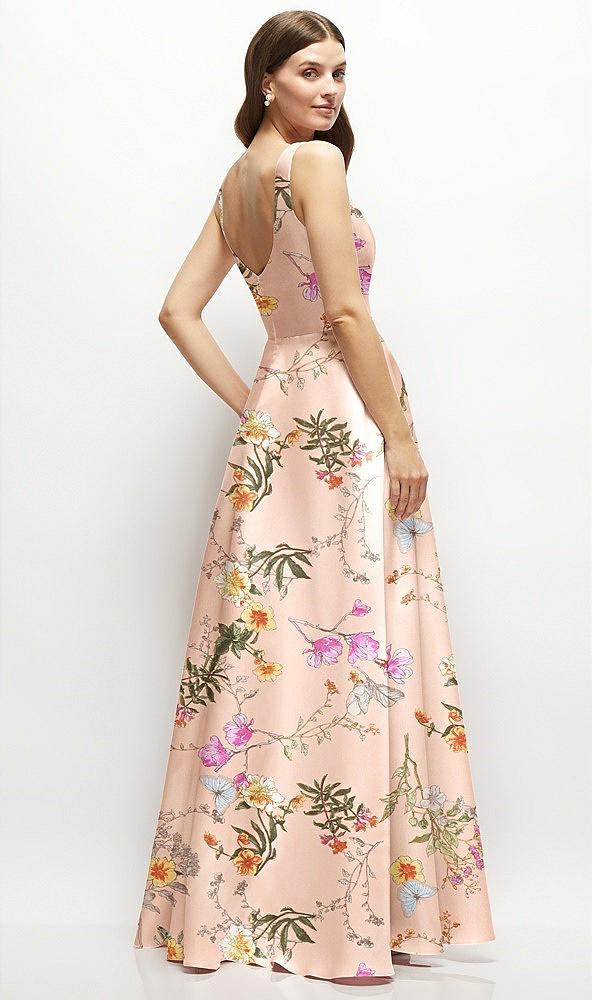 Back View - Butterfly Botanica Pink Sand Floral Square-Neck Satin Maxi Dress with Full Skirt
