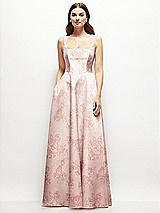 Front View Thumbnail - Bow And Blossom Print Floral Square-Neck Satin Maxi Dress with Full Skirt