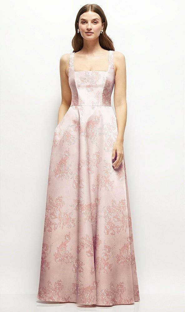 Front View - Bow And Blossom Print Floral Square-Neck Satin Maxi Dress with Full Skirt