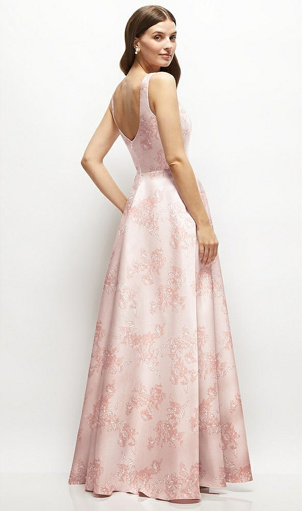 Back View - Bow And Blossom Print Floral Square-Neck Satin Maxi Dress with Full Skirt