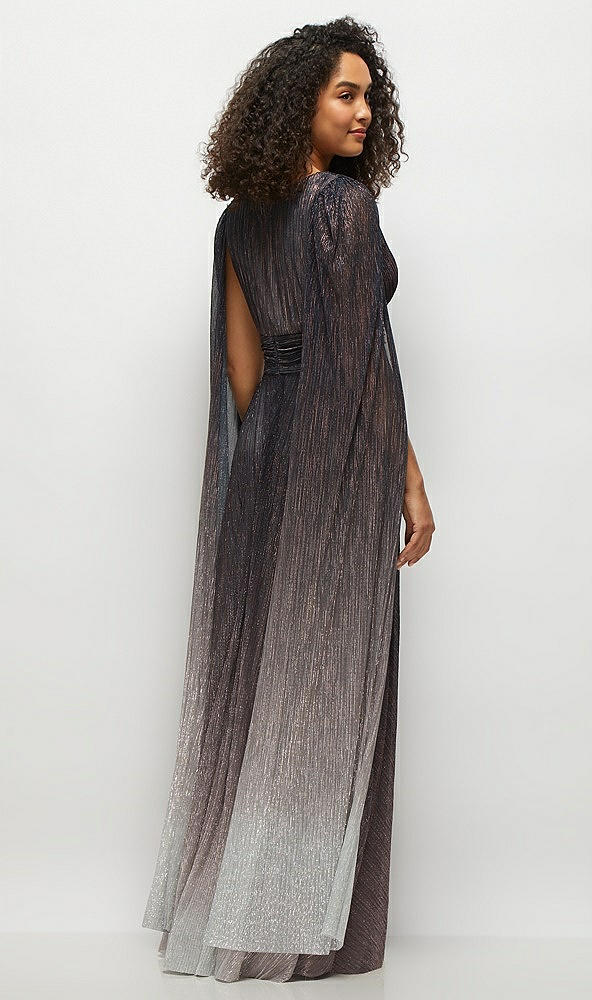 Back View - Plum Noir Streamer Sleeve Ombre Pleated Metallic Maxi Dress