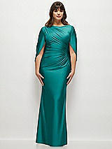 Alt View 1 Thumbnail - Peacock Teal Draped Stretch Satin Maxi Dress with Built-in Capelet