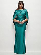 Front View Thumbnail - Peacock Teal Draped Stretch Satin Maxi Dress with Built-in Capelet