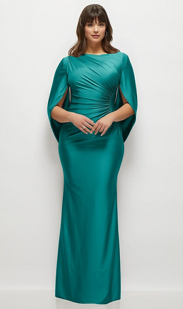 Front View - Peacock Teal Draped Stretch Satin Maxi Dress with Built-in Capelet