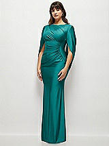 Side View Thumbnail - Peacock Teal Draped Stretch Satin Maxi Dress with Built-in Capelet
