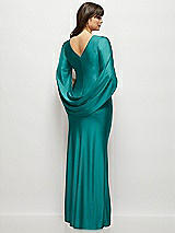Rear View Thumbnail - Peacock Teal Draped Stretch Satin Maxi Dress with Built-in Capelet