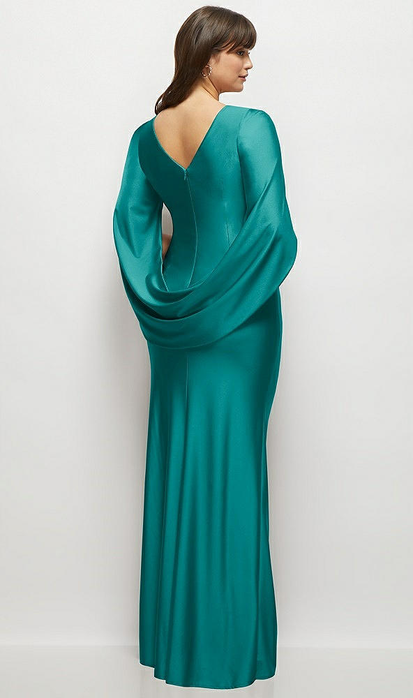 Back View - Peacock Teal Draped Stretch Satin Maxi Dress with Built-in Capelet