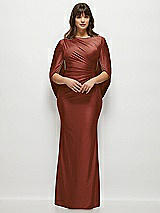 Front View Thumbnail - Auburn Moon Draped Stretch Satin Maxi Dress with Built-in Capelet