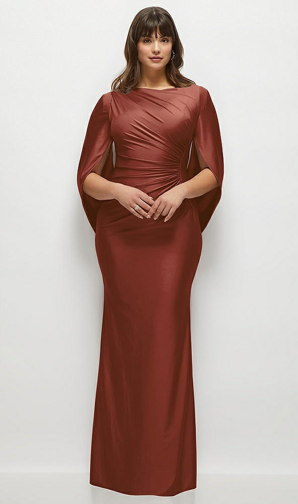 Front View - Auburn Moon Draped Stretch Satin Maxi Dress with Built-in Capelet