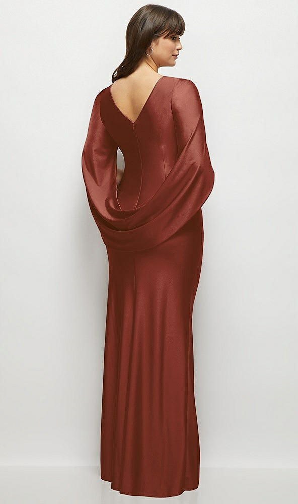Back View - Auburn Moon Draped Stretch Satin Maxi Dress with Built-in Capelet