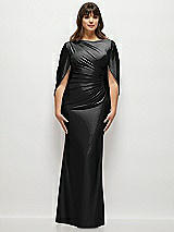 Alt View 1 Thumbnail - Black Draped Stretch Satin Maxi Dress with Built-in Capelet