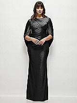 Front View Thumbnail - Black Draped Stretch Satin Maxi Dress with Built-in Capelet