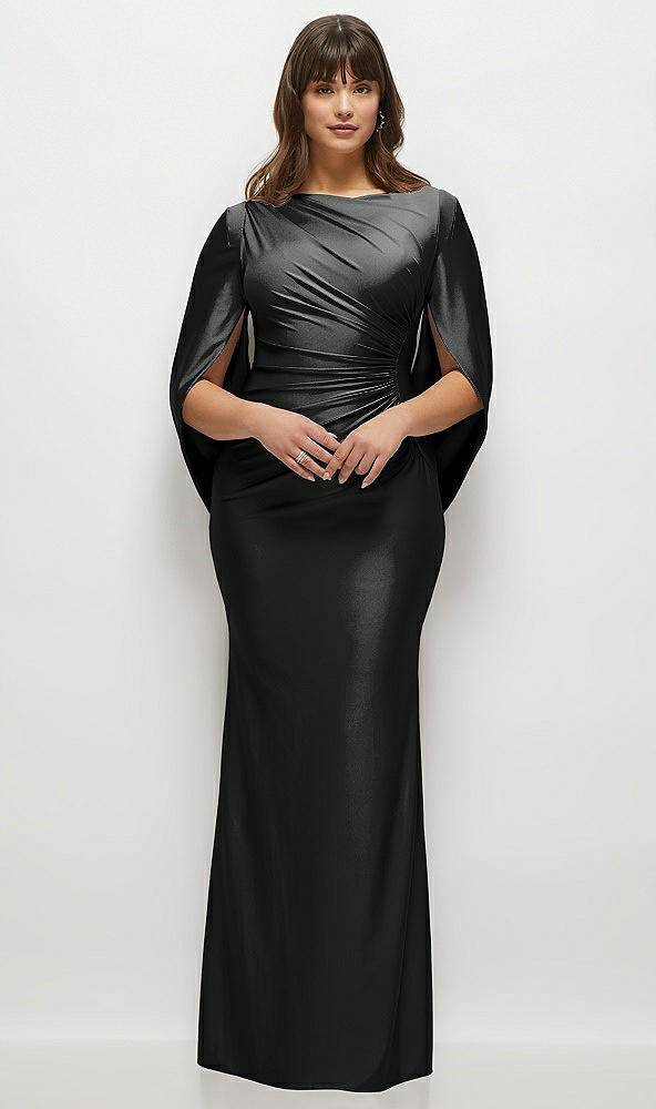 Front View - Black Draped Stretch Satin Maxi Dress with Built-in Capelet