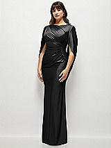 Side View Thumbnail - Black Draped Stretch Satin Maxi Dress with Built-in Capelet