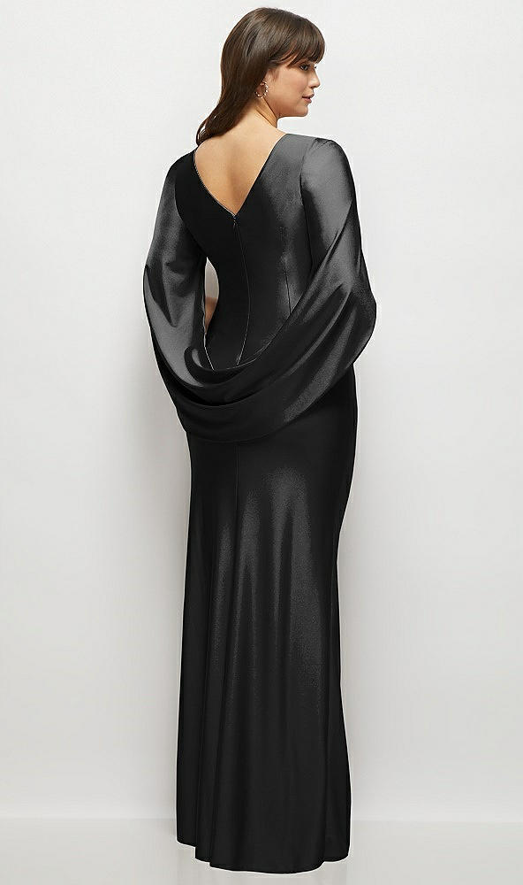 Back View - Black Draped Stretch Satin Maxi Dress with Built-in Capelet