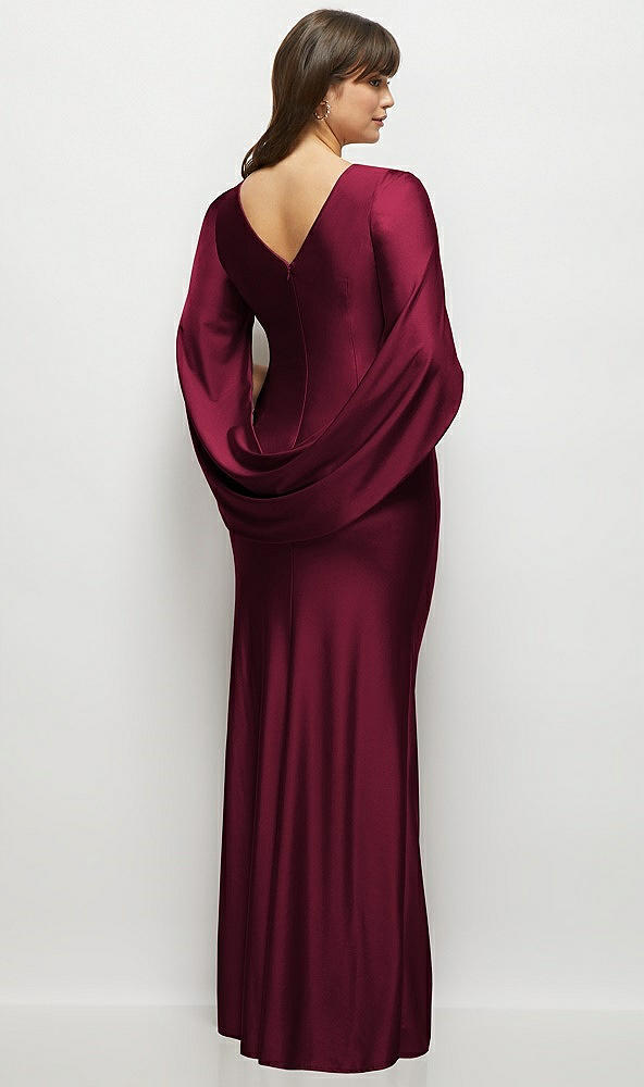Back View - Cabernet Draped Stretch Satin Maxi Dress with Built-in Capelet