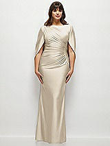 Alt View 1 Thumbnail - Champagne Draped Stretch Satin Maxi Dress with Built-in Capelet