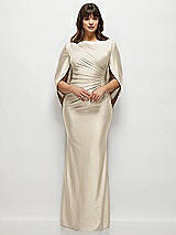 Front View Thumbnail - Champagne Draped Stretch Satin Maxi Dress with Built-in Capelet