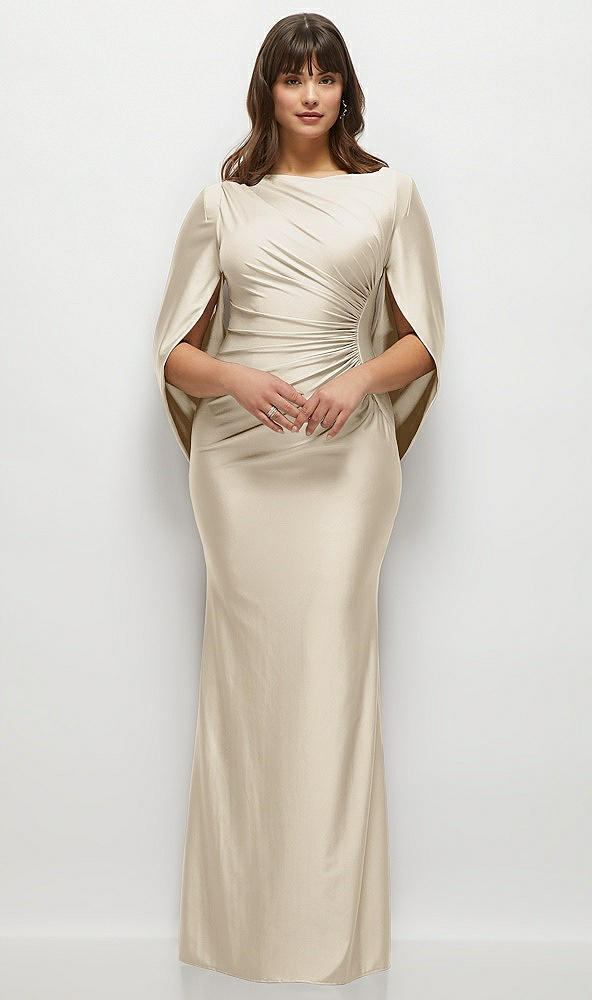 Front View - Champagne Draped Stretch Satin Maxi Dress with Built-in Capelet