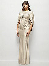 Side View Thumbnail - Champagne Draped Stretch Satin Maxi Dress with Built-in Capelet
