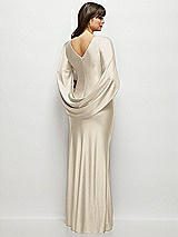 Rear View Thumbnail - Champagne Draped Stretch Satin Maxi Dress with Built-in Capelet